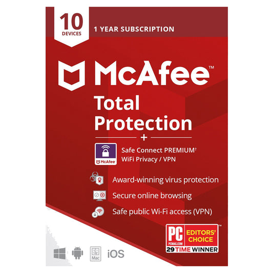 McAfee Total Protection & Safe Connect Premium VPN, 10 Devices, 1 Year