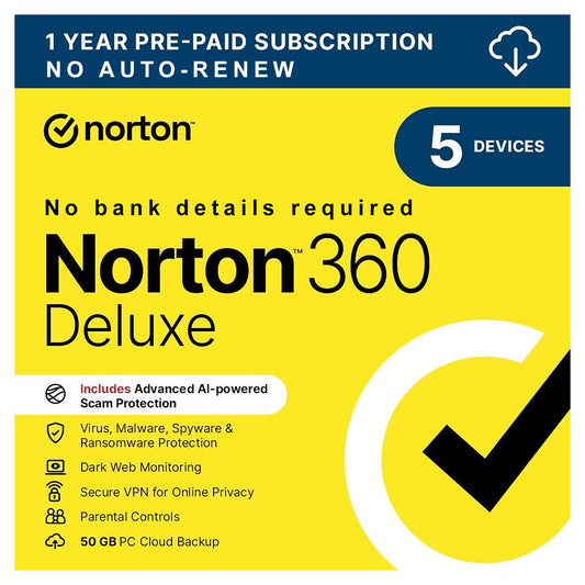 Norton 360 Deluxe, 5 Devices, 1 Year - No Subscription