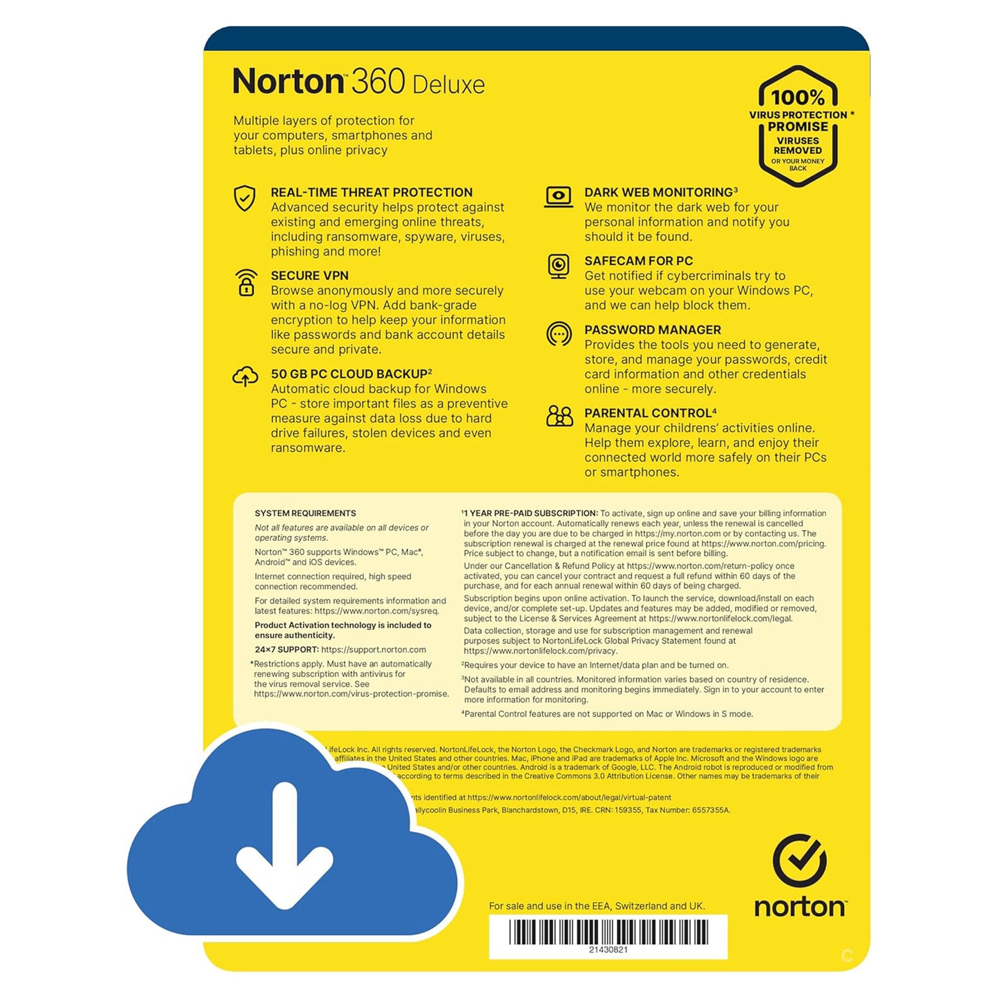 Norton 360 Deluxe, 5 Devices, 1 Year - No Subscription